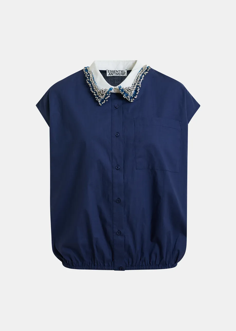 Navy sleeveless cotton shirt with embellished collar