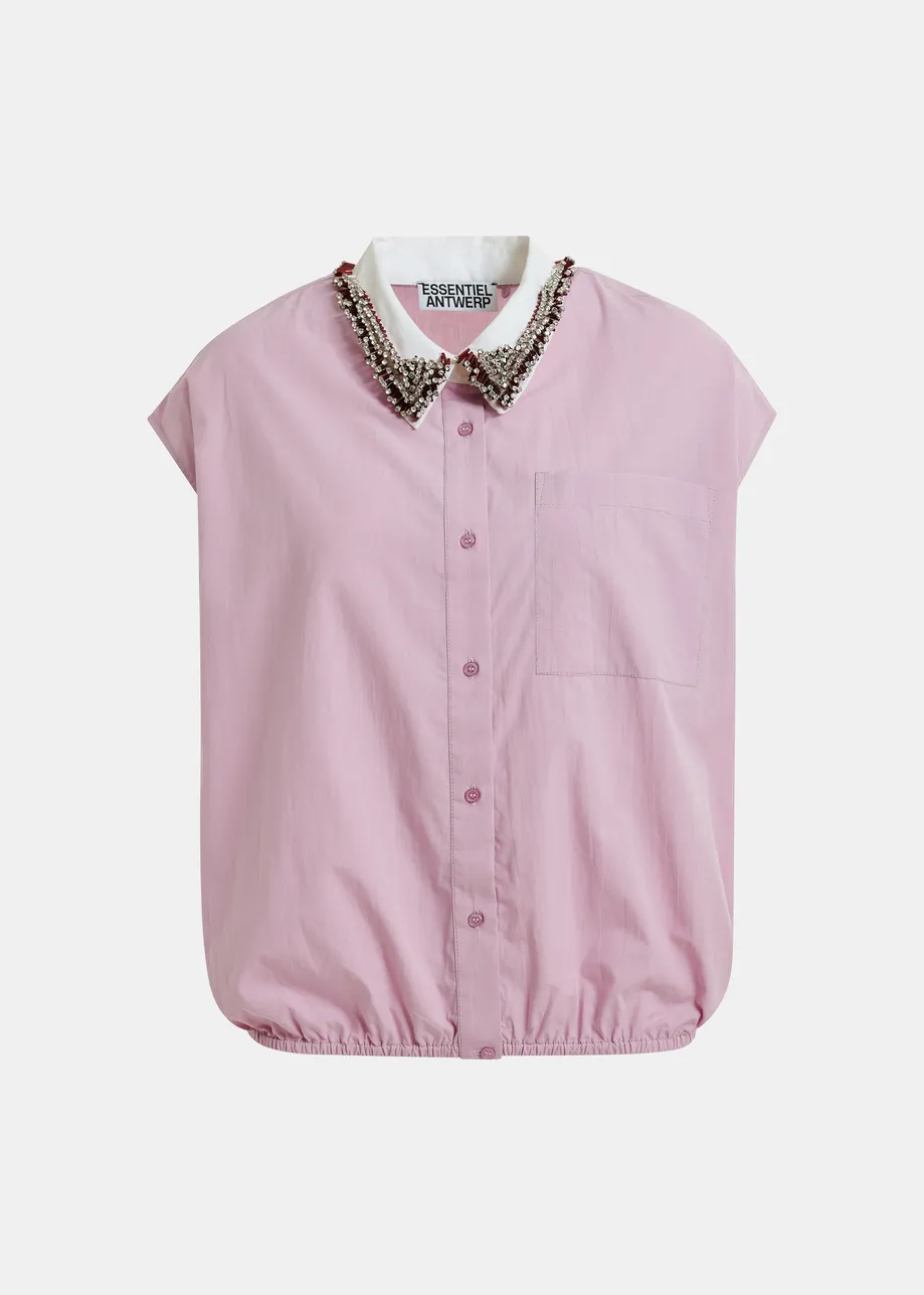 Lilac sleeveless cotton shirt with embellished collar