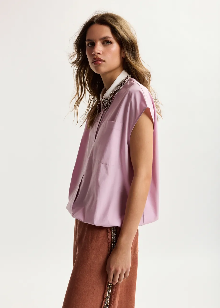 Lilac sleeveless cotton shirt with embellished collar