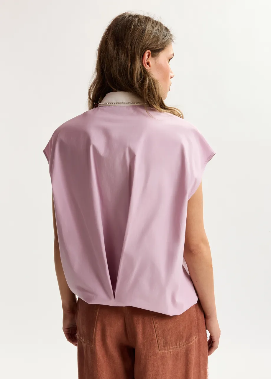 Lilac sleeveless cotton shirt with embellished collar