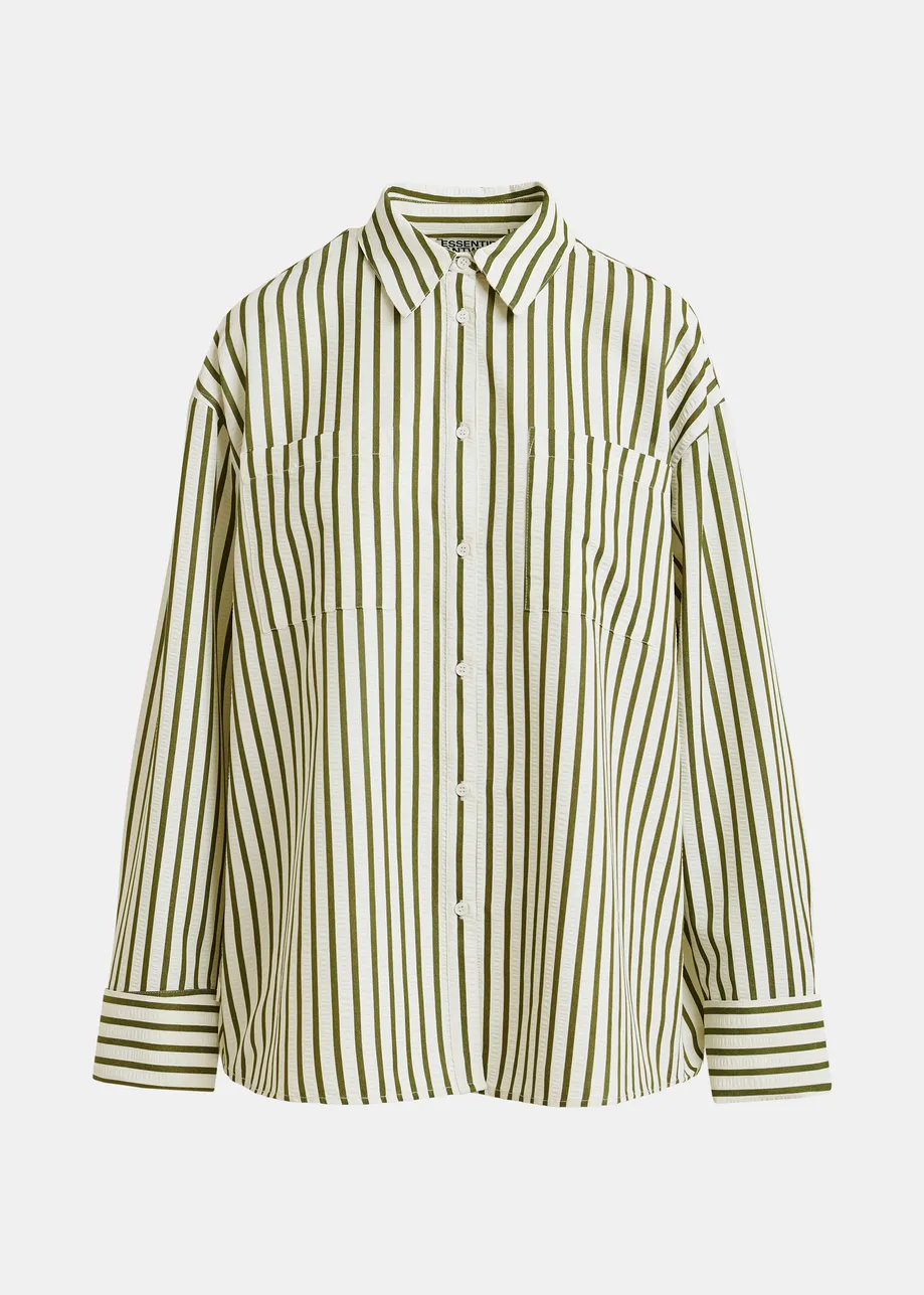Gebroken wit en groen gestreept overhemd met plastron en stras