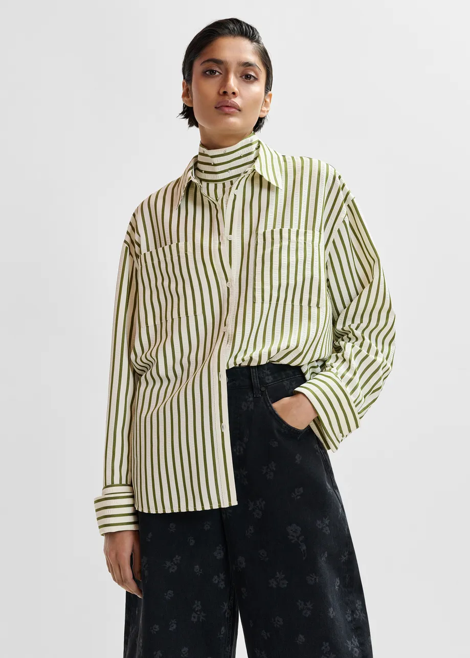 Off-white and green striped oversized shirt with rhinestone bib detail