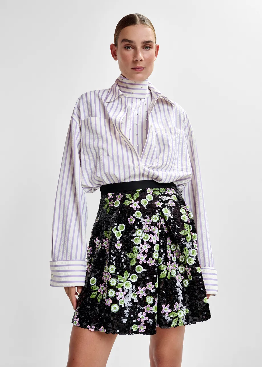 Purple and off-white oversized shirt with rhinestone embellishments and layered bib