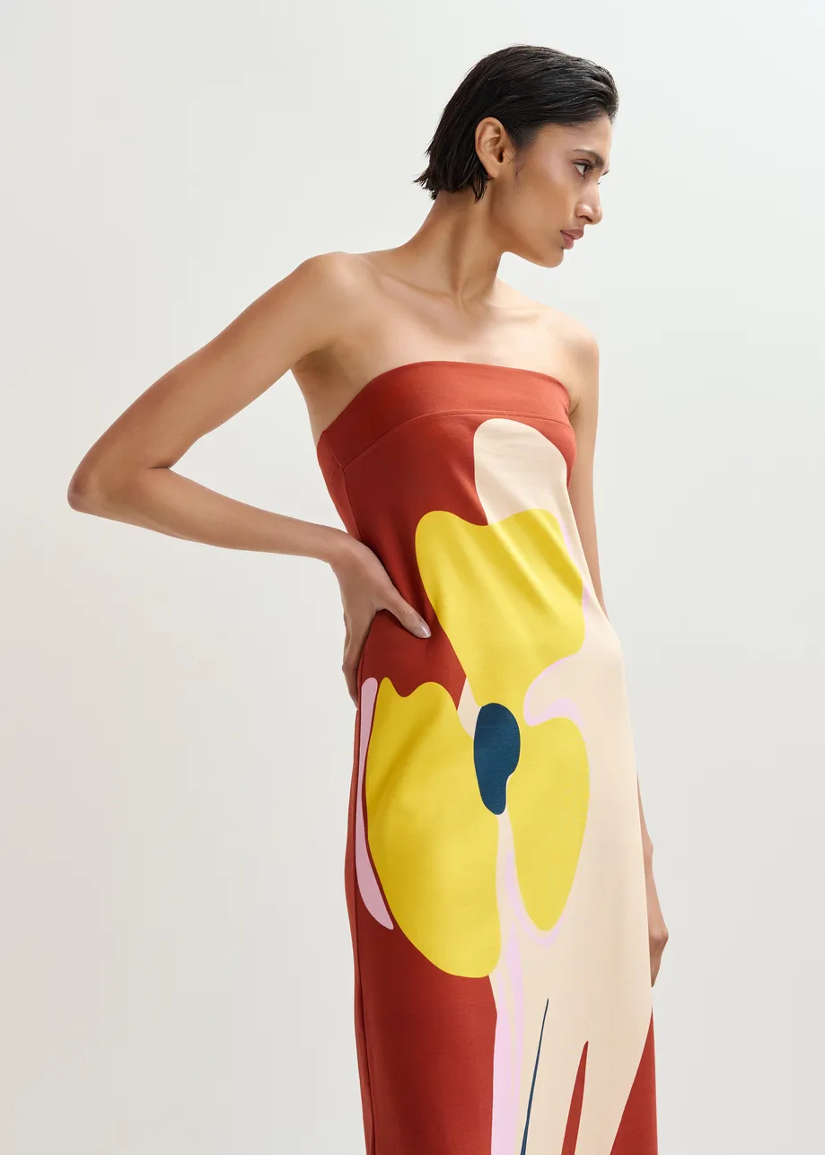 Trägerloses Maxikleid in Rostbraun, Creme und Gelb mit großem Blumenprint