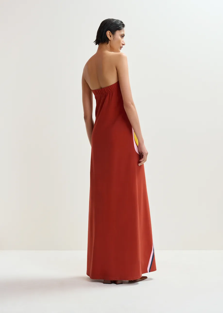 Trägerloses Maxikleid in Rostbraun, Creme und Gelb mit großem Blumenprint