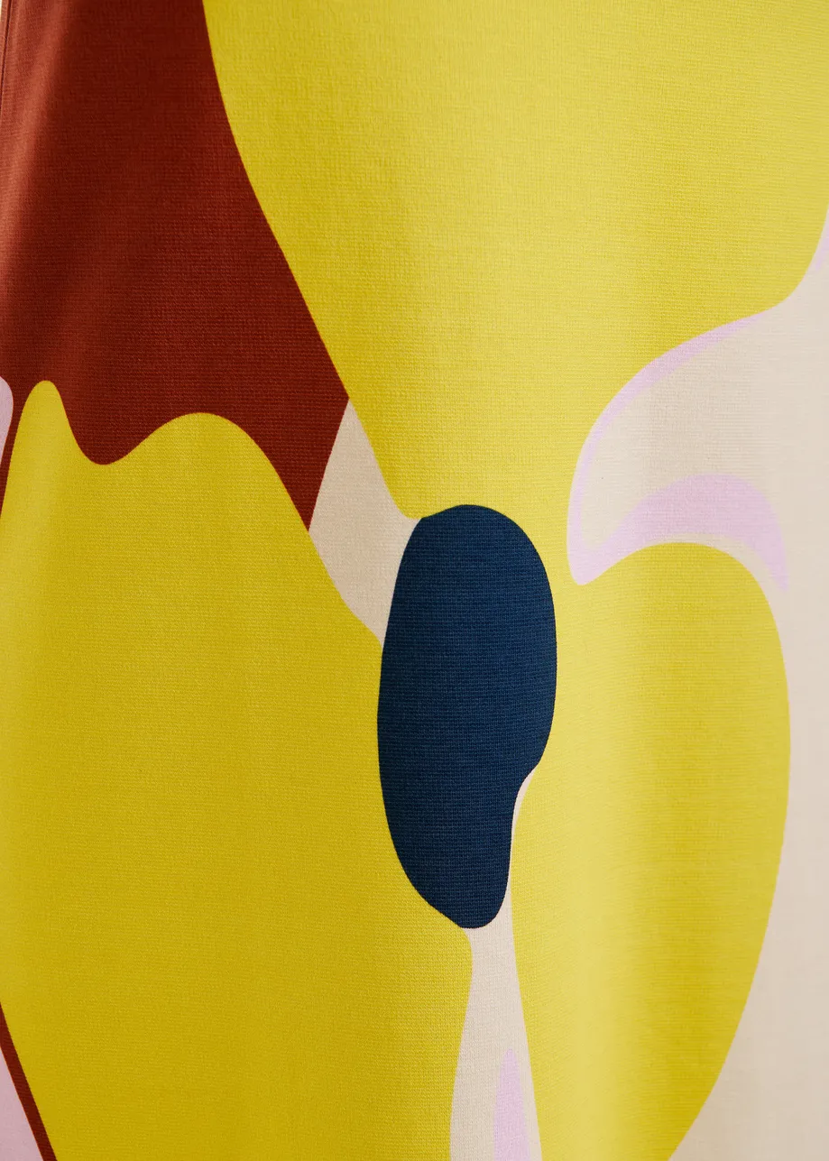 Trägerloses Maxikleid in Rostbraun, Creme und Gelb mit großem Blumenprint