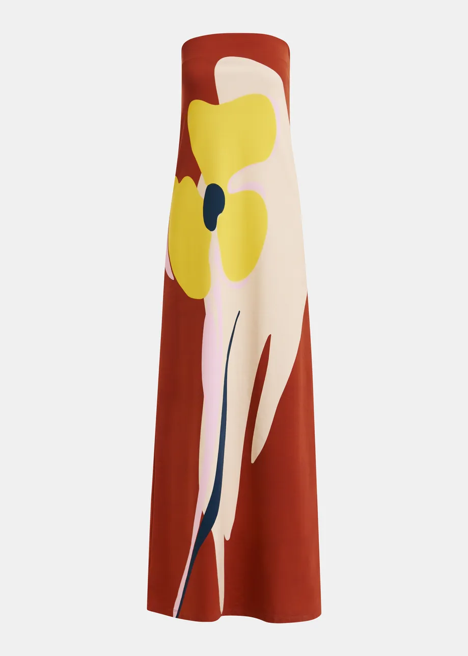 Rust, cream and yellow strapless maxi dress with oversized floral print