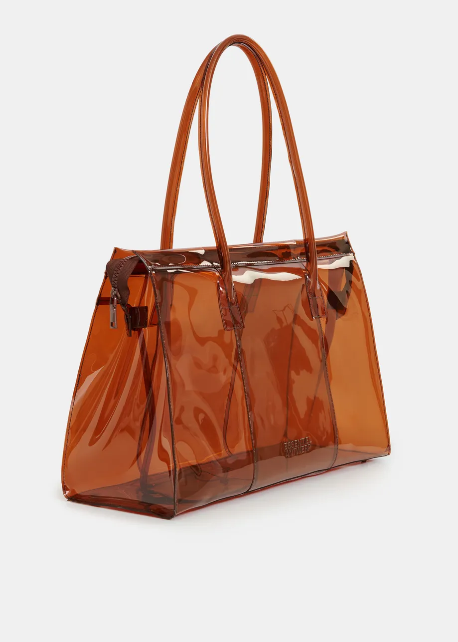 Brown clear tote bag with top handles