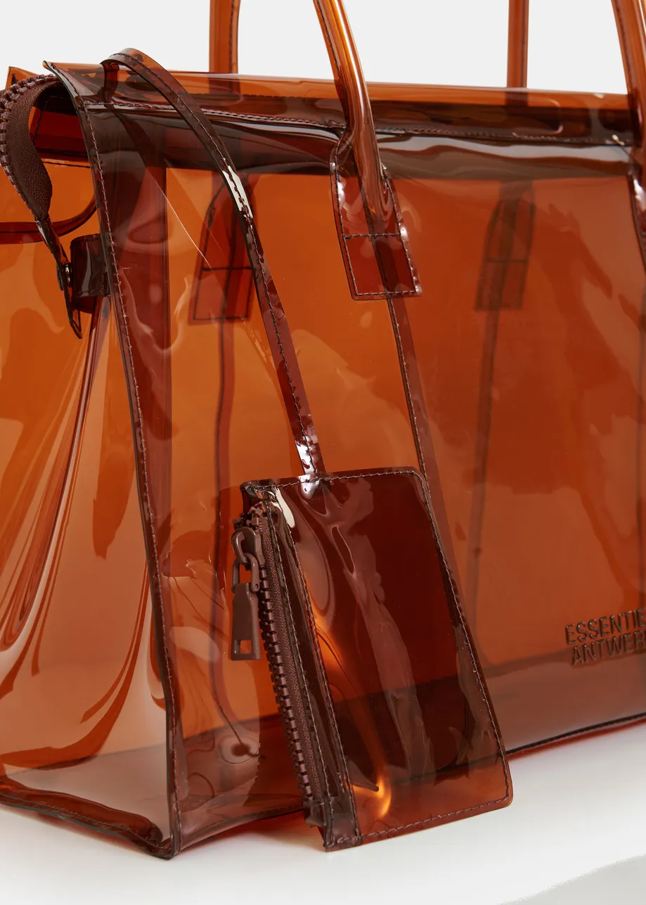 Brown clear tote bag with top handles