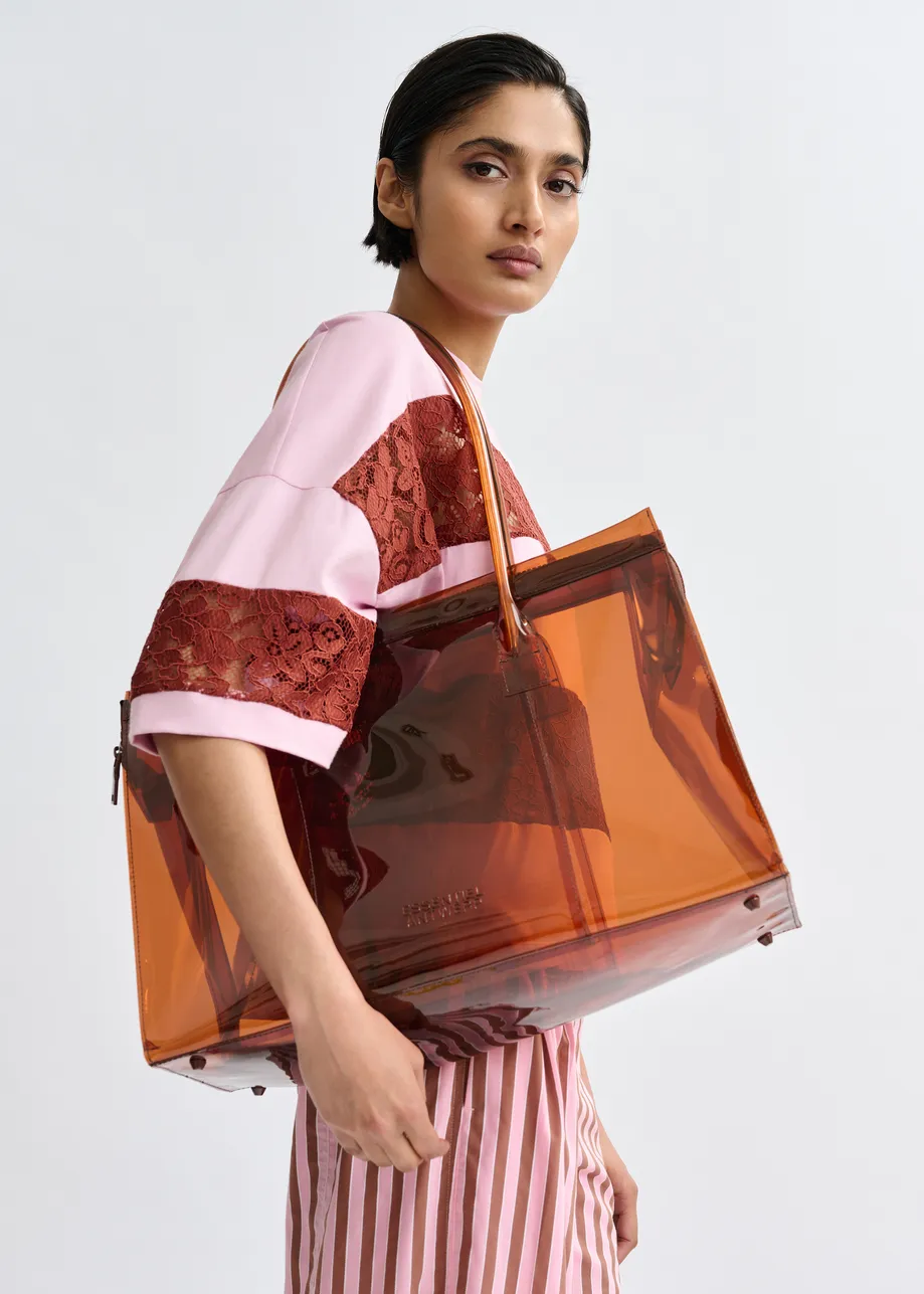 Brown clear tote bag with top handles