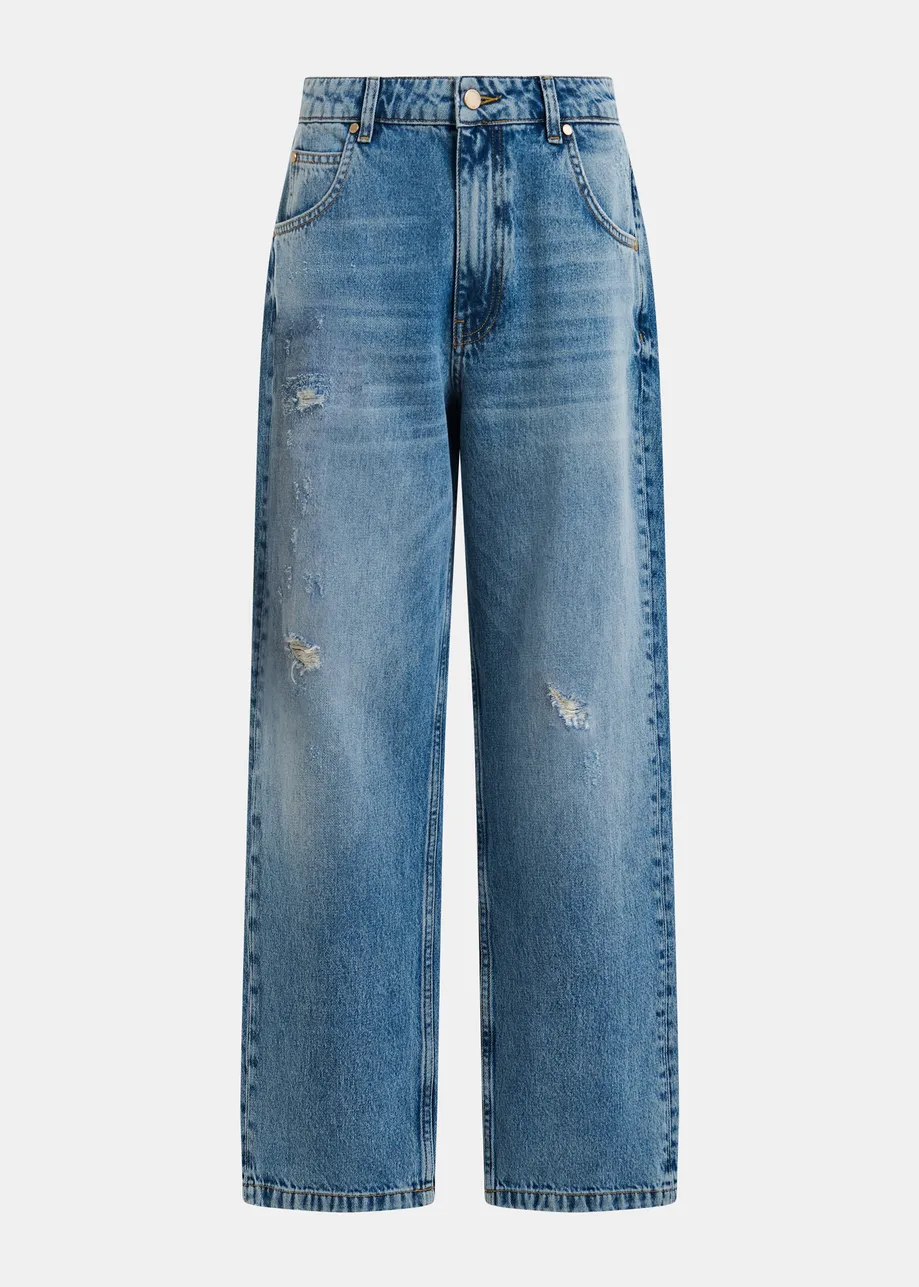 Blue organic cotton cropped boyfriend jeans
