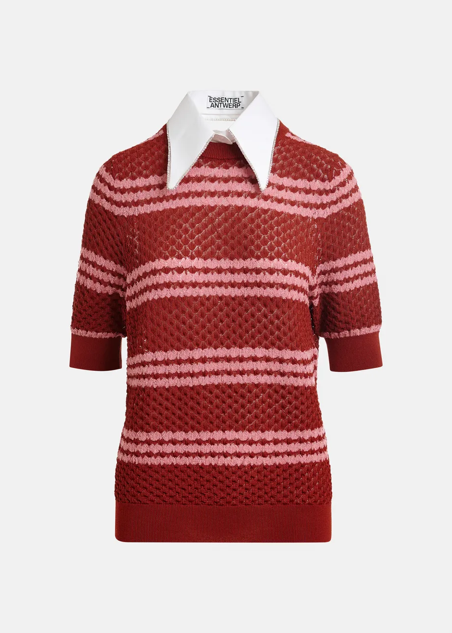 Bruin en roze gestreepte polo met honinggraatstructuur en sierkraag
