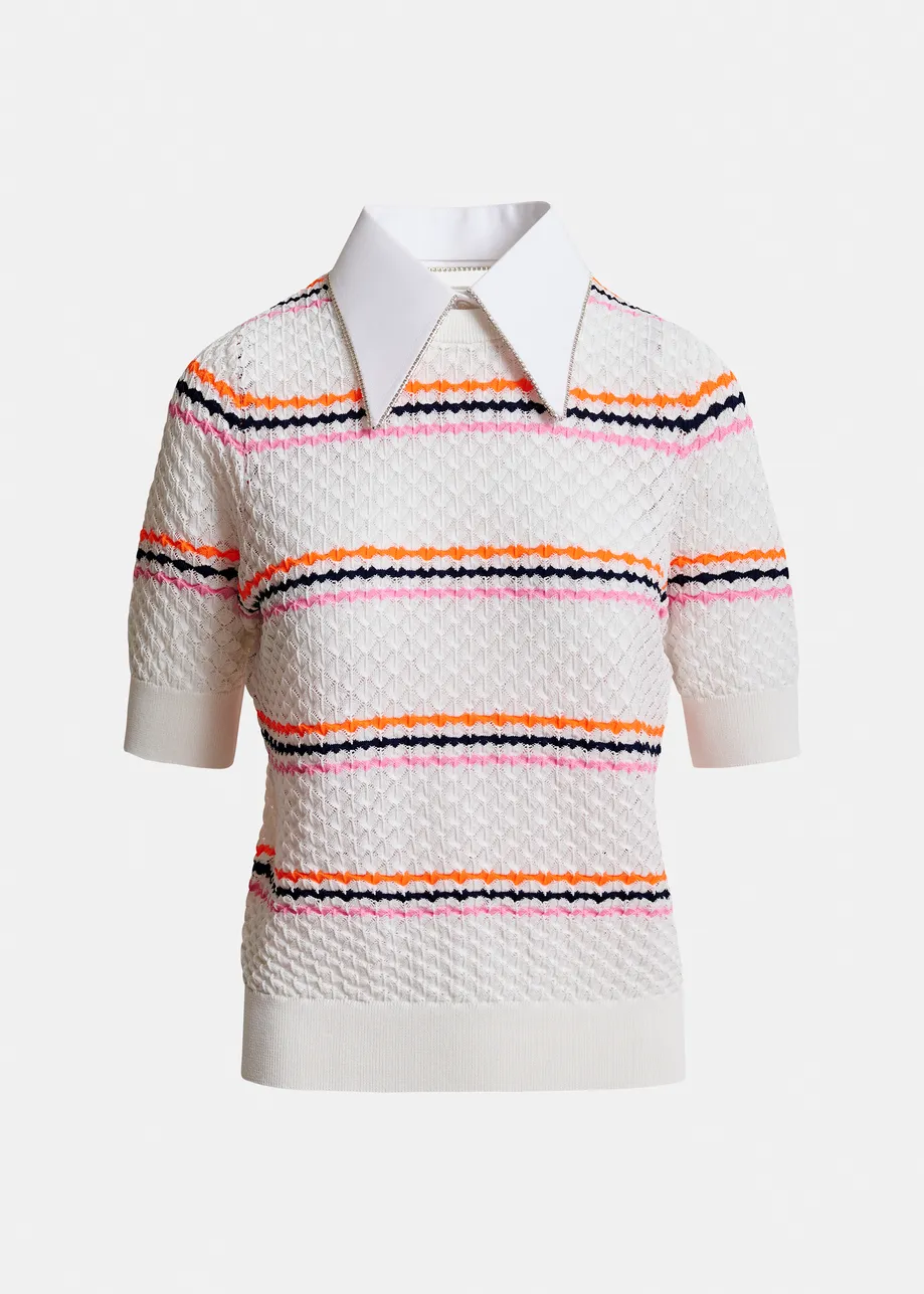 Gebroken wit en veelkleurig gestreepte polo met honinggraatstructuur en sierkraag