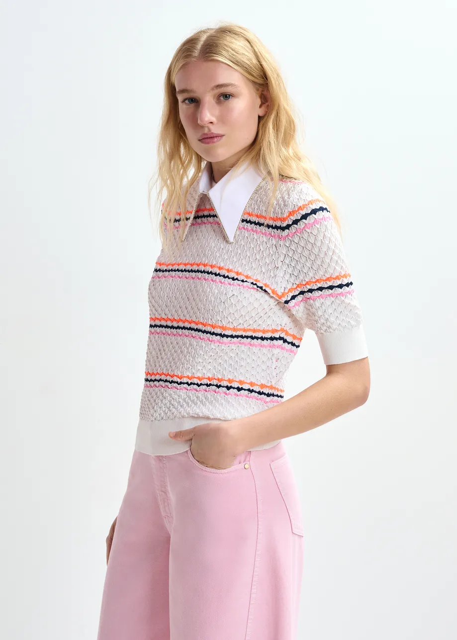 Gebroken wit en veelkleurig gestreepte polo met honinggraatstructuur en sierkraag
