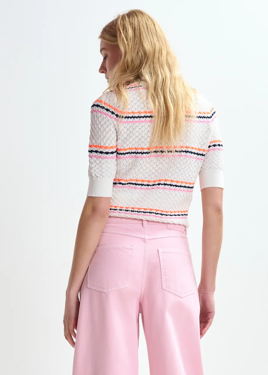 Gebroken wit en veelkleurig gestreepte polo met honinggraatstructuur en sierkraag