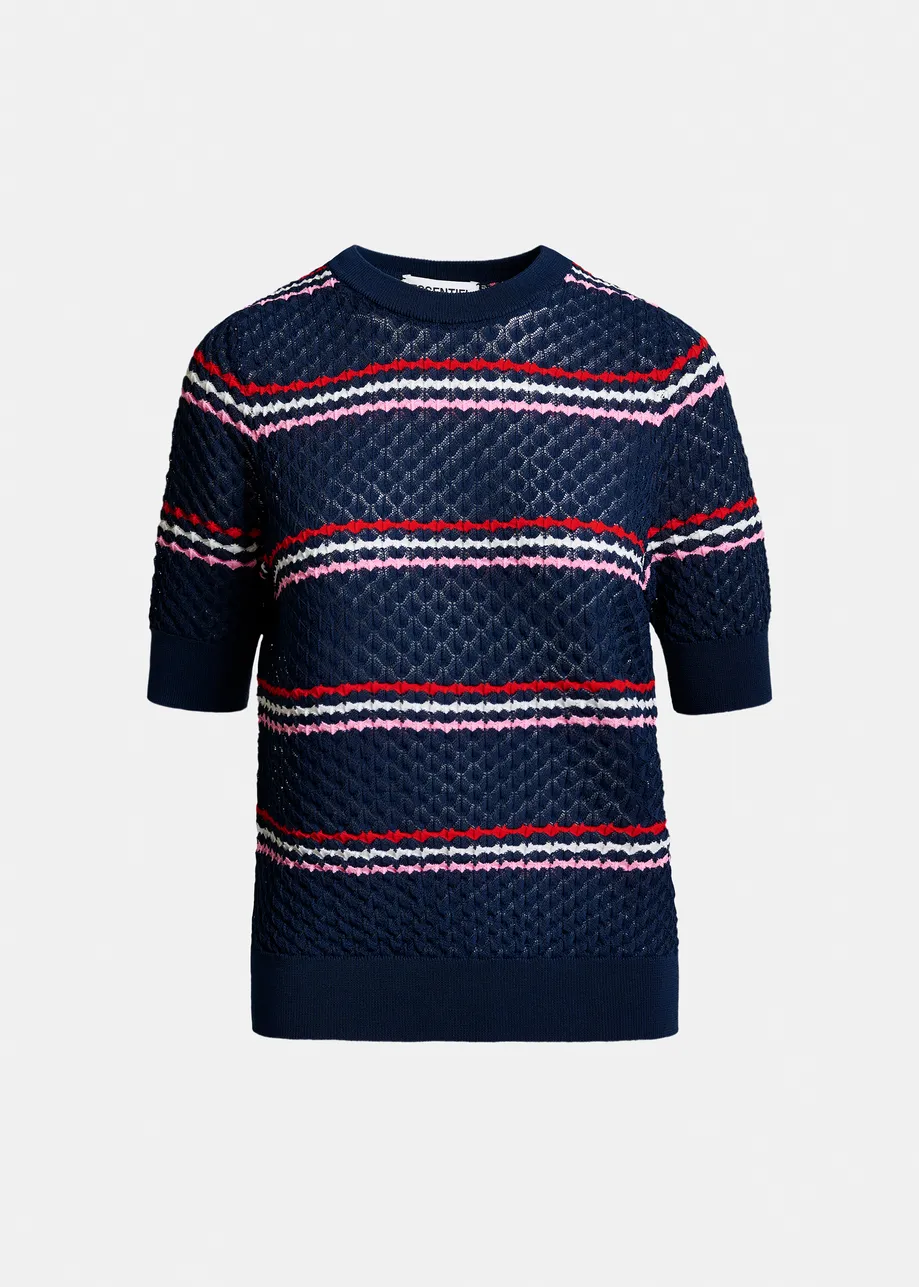 Marineblauw en veelkleurig gestreepte polo met honinggraatstructuur en sierkraag