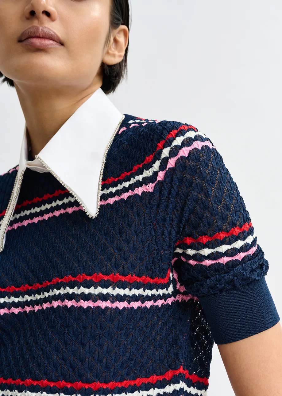 Marineblauw en veelkleurig gestreepte polo met honinggraatstructuur en sierkraag