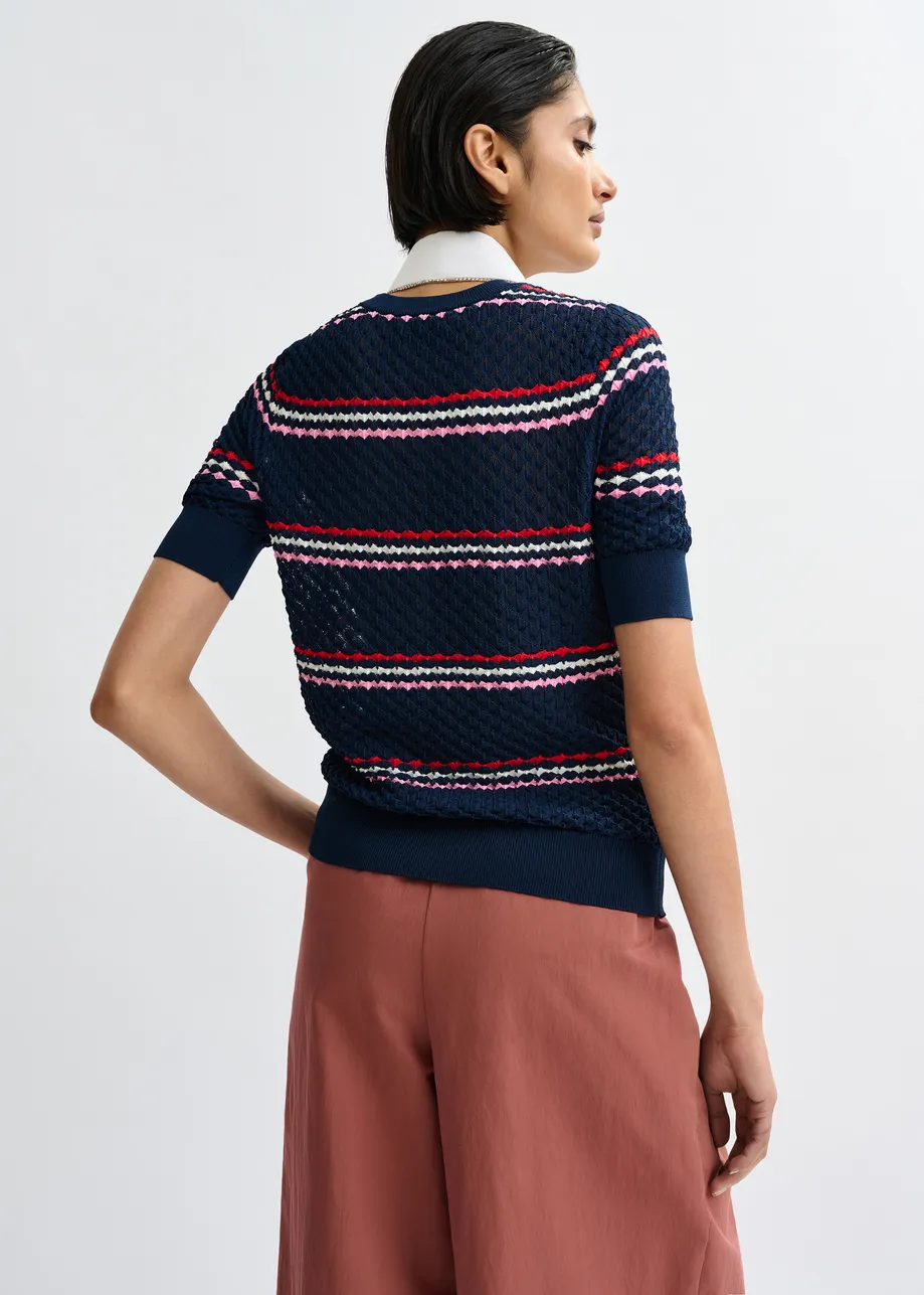Marineblauw en veelkleurig gestreepte polo met honinggraatstructuur en sierkraag