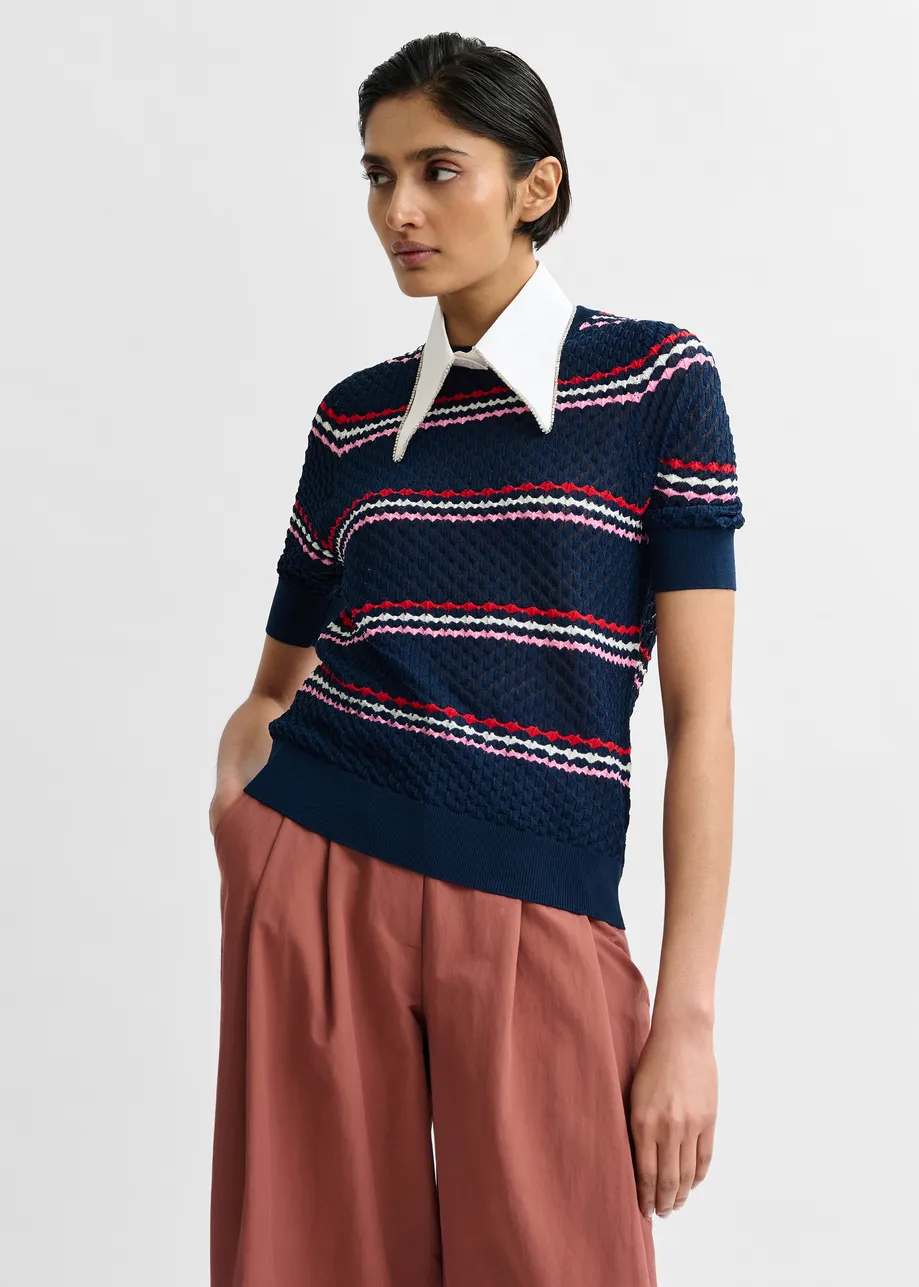 Gestreiftes Strick-Polohemd in Marineblau und Bunt mit Wabenmuster und abnehmbarem Kragen mit Strassverzierung