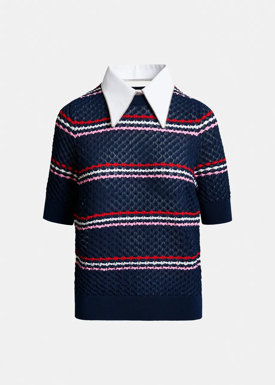Navy and multicolor striped honeycomb knit polo with rhinestone-embellished detachable collar