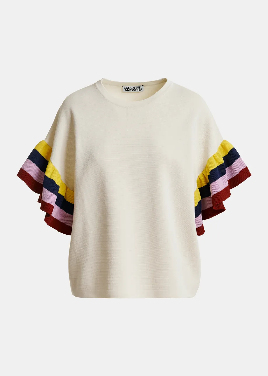 Top en maille blanc cassé avec manches superposées à rayures multicolores 
