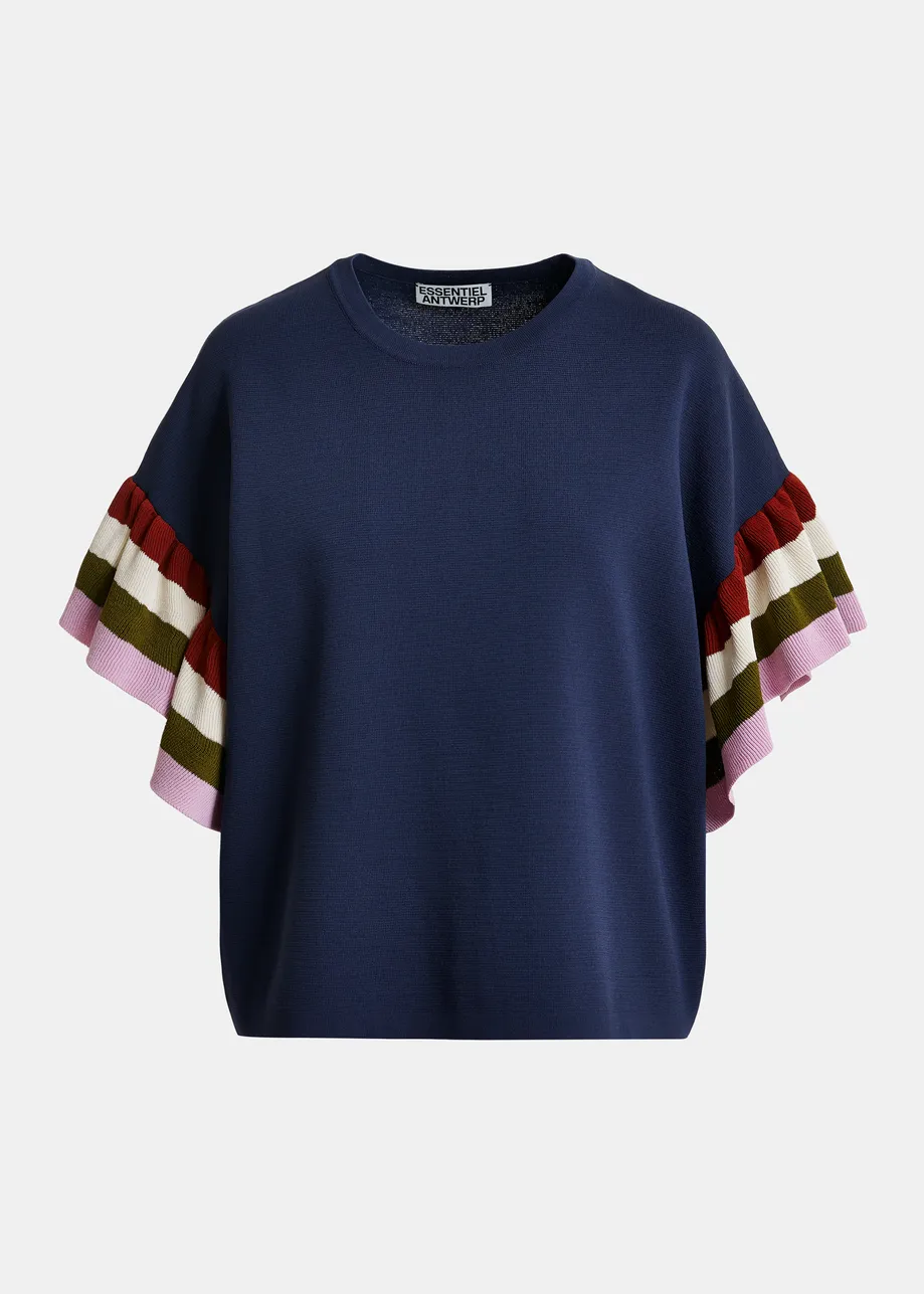 Dunkelblaues Strickoberteil mit mehrfarbig gestreiften Lagenärmeln 