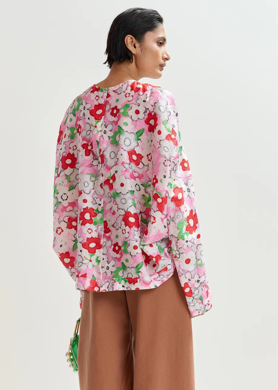 Gebroken witte en veelkleurige top in bloemenjacquard 