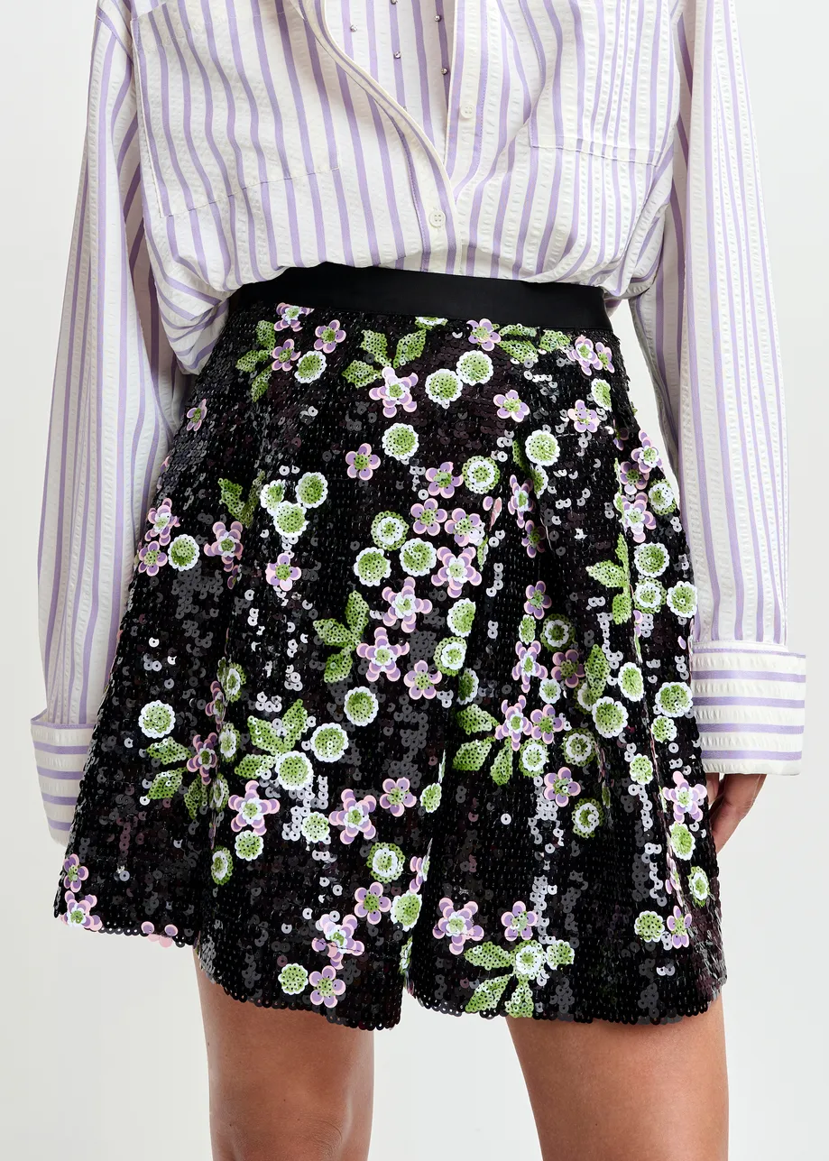 Zwarte mini-tulprok met groene en roze pailletten