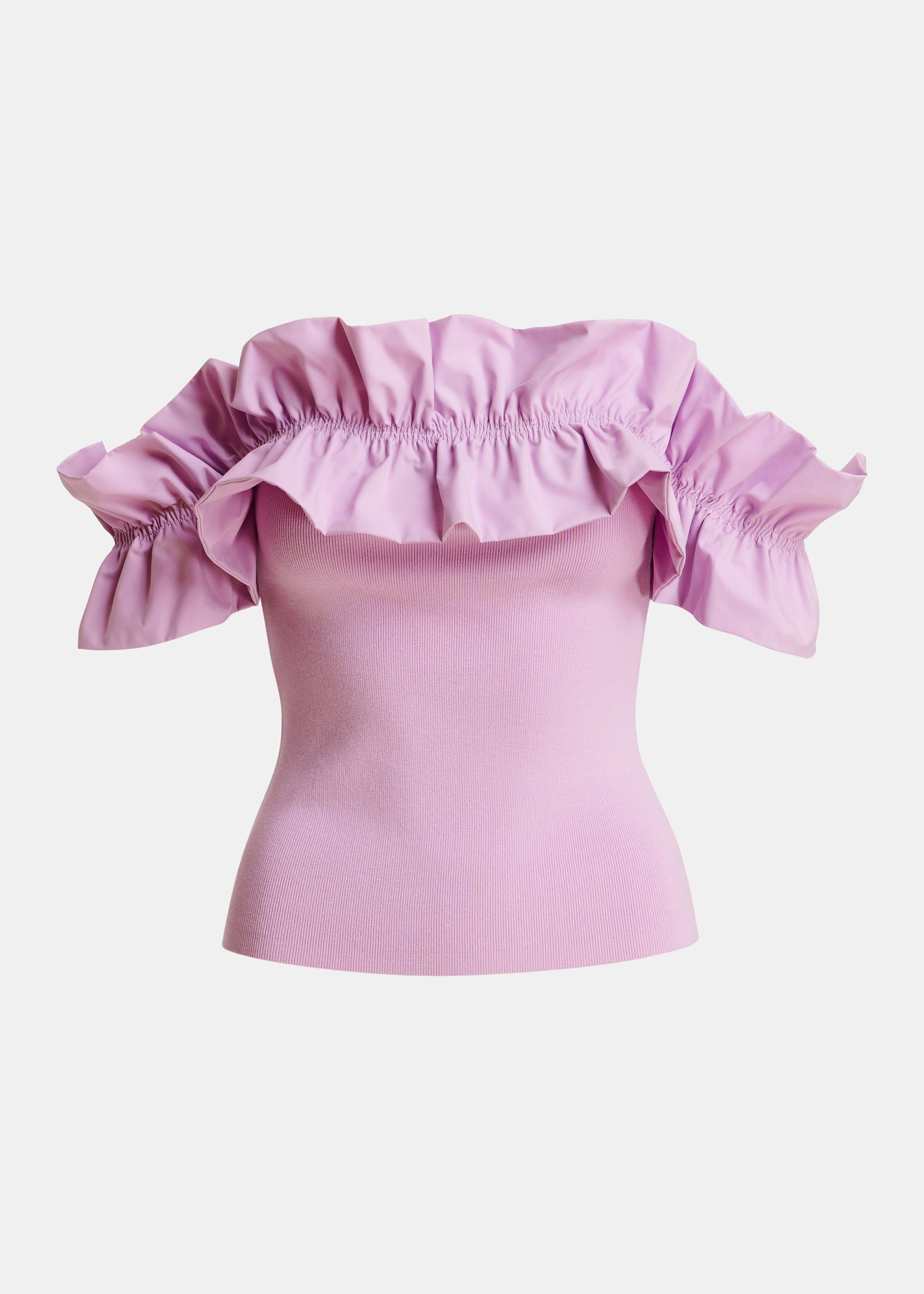 Light pink off-shoulder knit top with ruffle trim | Essentiel