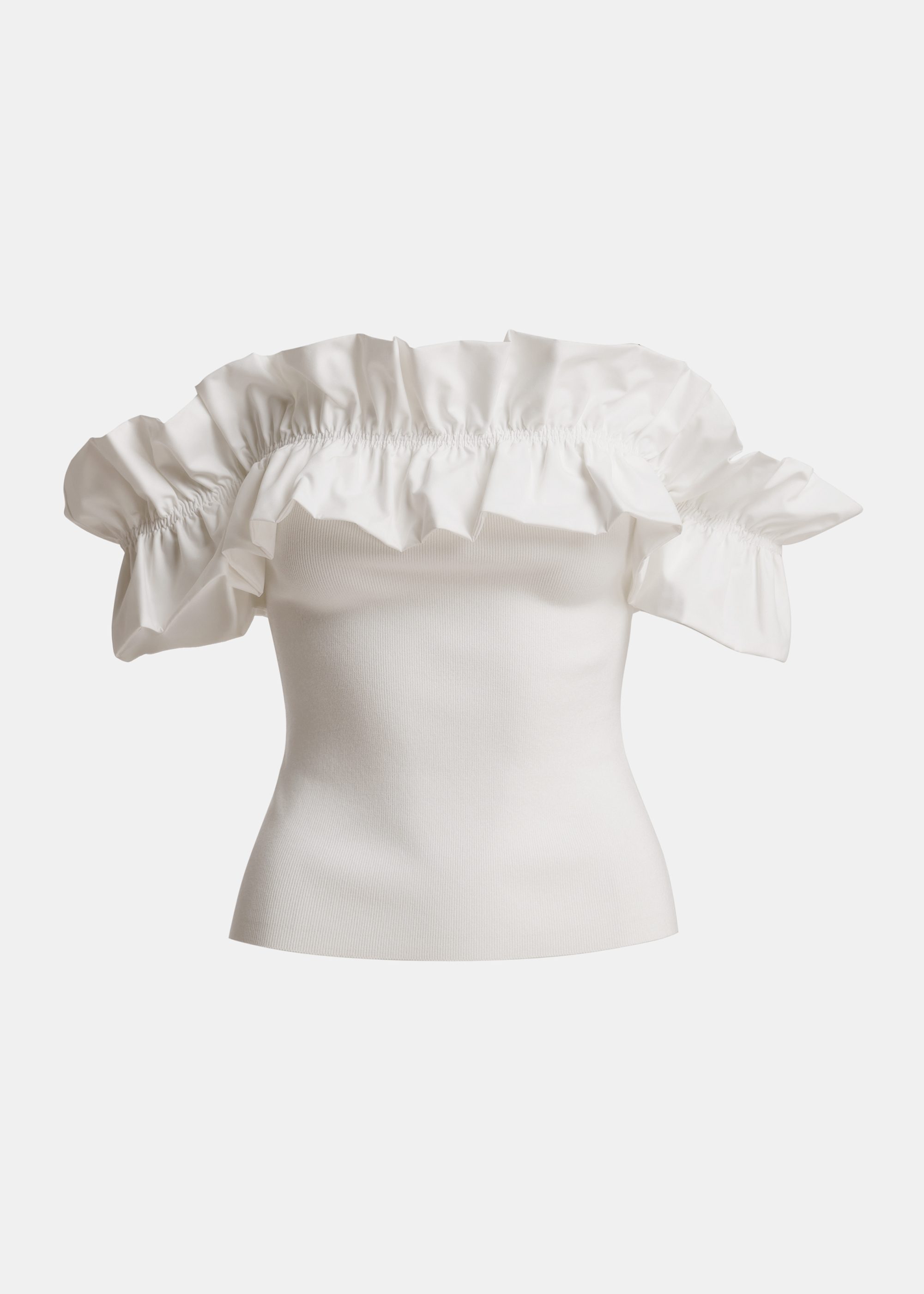 White off-shoulder knit top with ruffle trim | Essentiel Antwerp