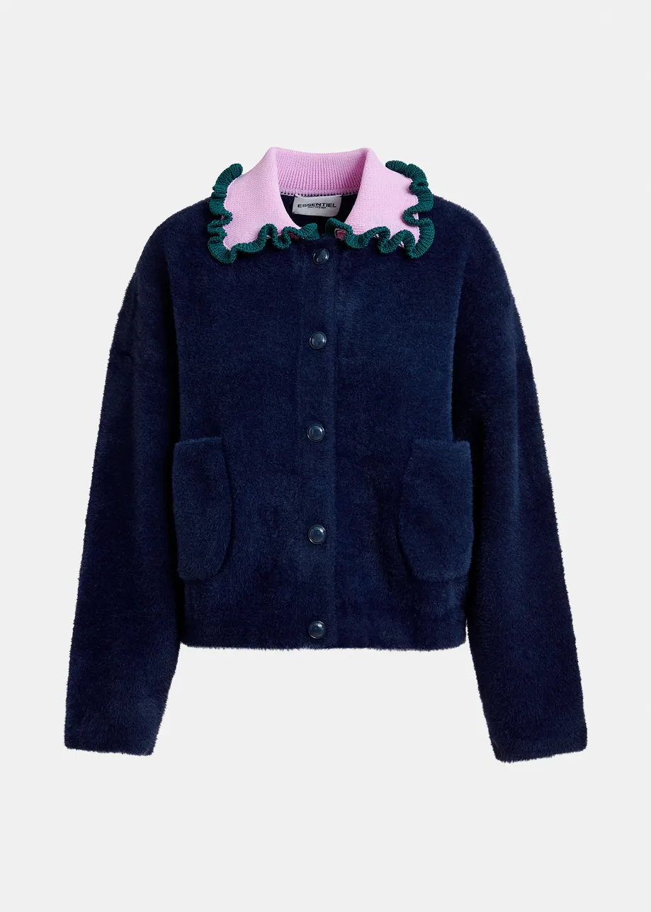 Navy cardigan with contrasting purple and dark green ruffle collar