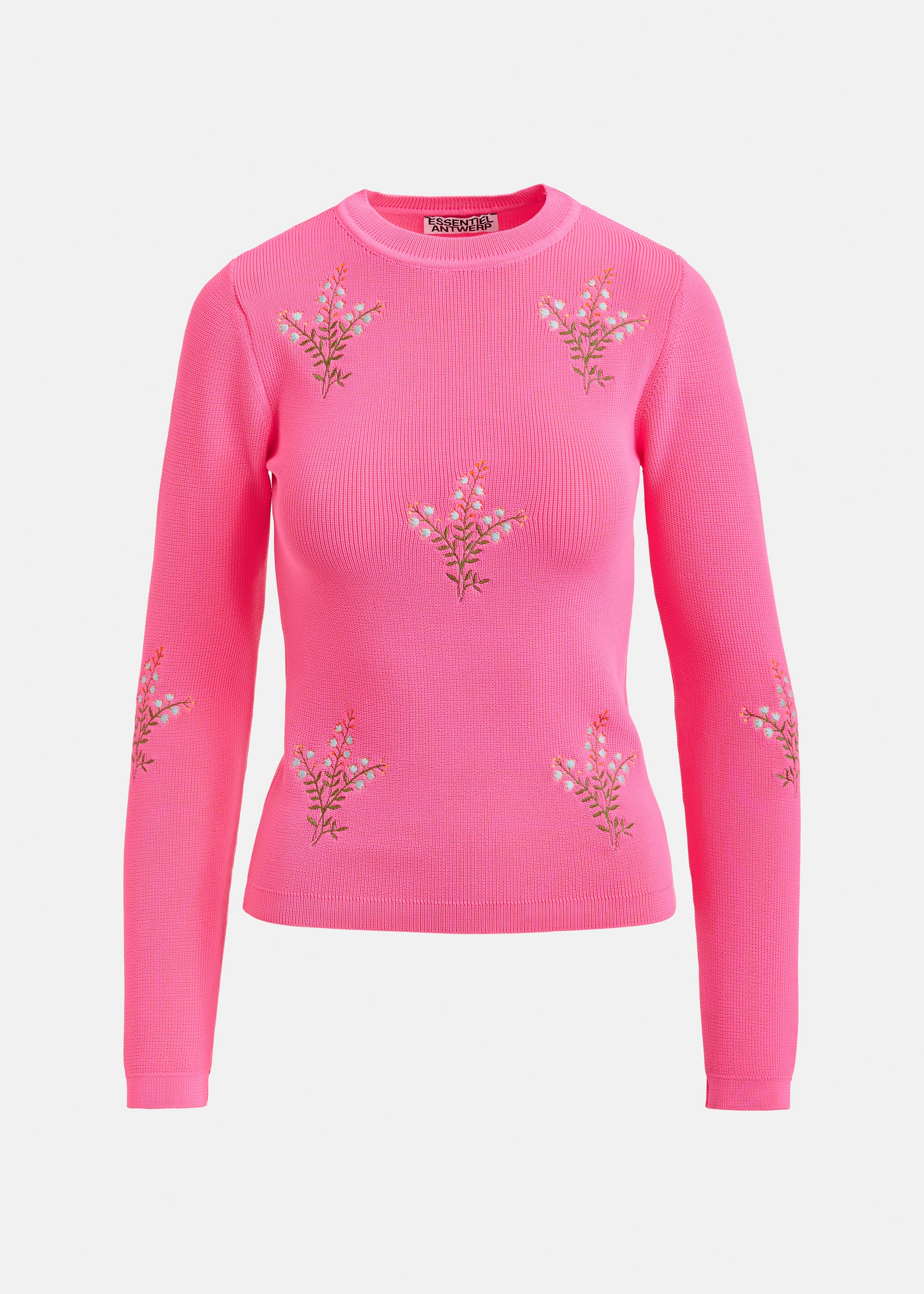 Pink knitted sweater with floral embroideries | Essentiel Antwerp