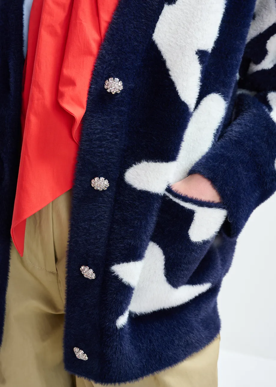 Navy cardigan with white letter print and rhinestone buttons