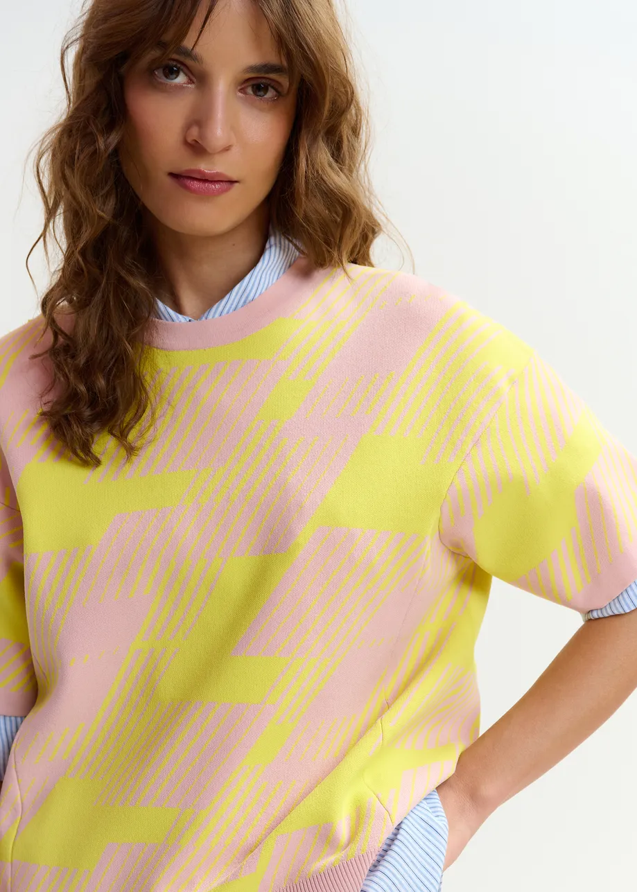 Hellrosa und gelbes Jacquard-Strickoberteil