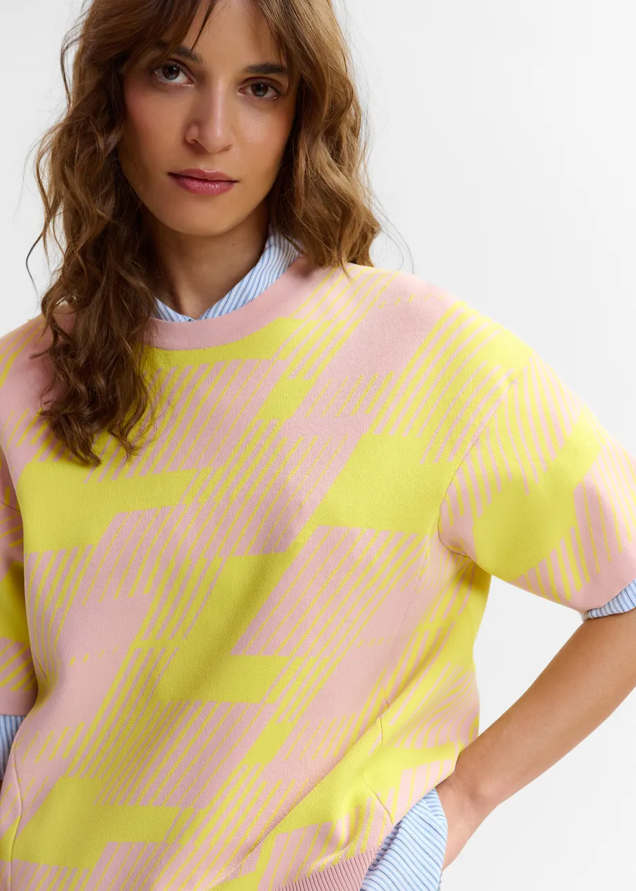 Hellrosa und gelbes Jacquard-Strickoberteil