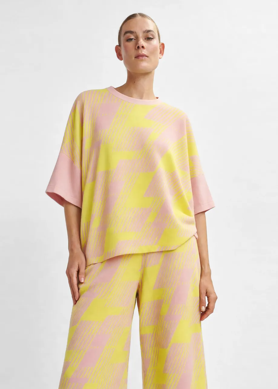 Top in maglia jacquard rosa chiaro e giallo