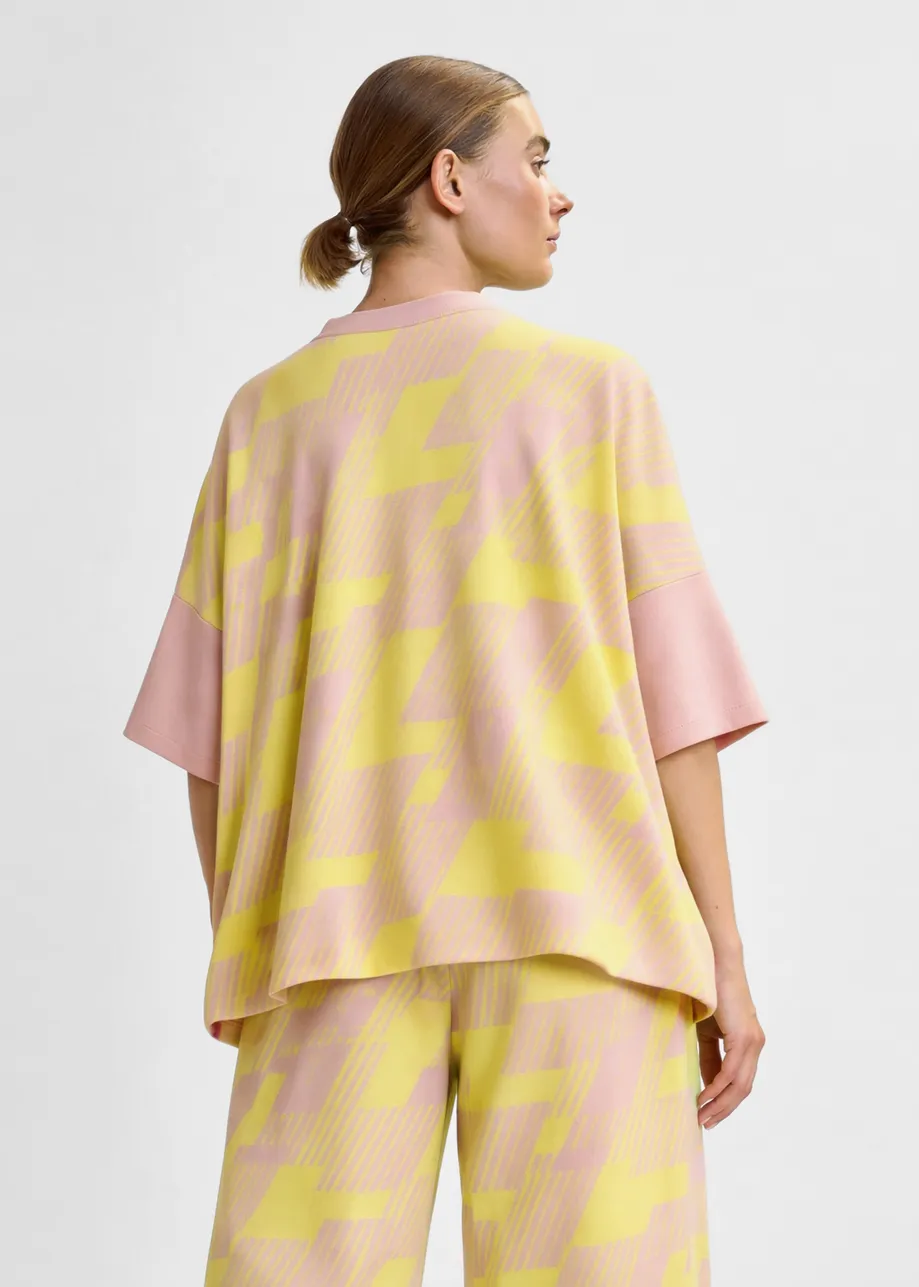 Top in maglia jacquard rosa chiaro e giallo