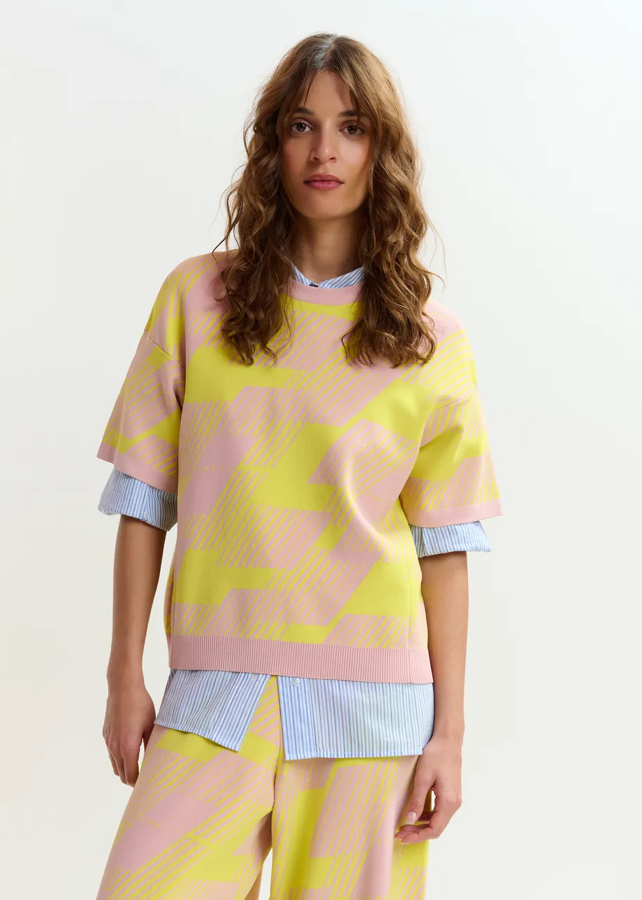 Light pink and yellow jacquard-knit top