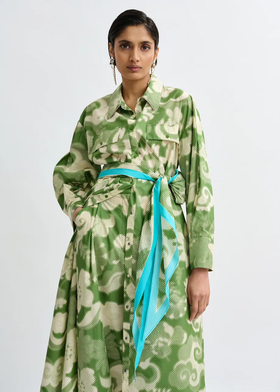 Beige en groene satijnen sjaal met print