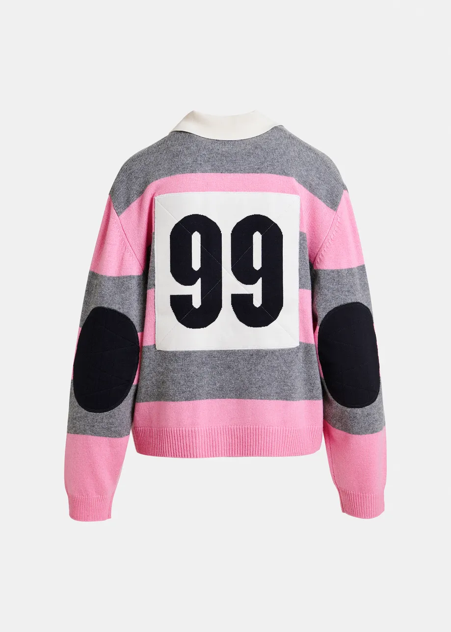 Pink and grey striped wool and cashmere blend polo with appliqué patch