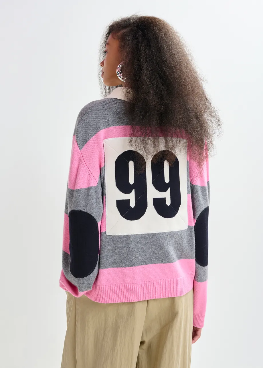 Pink and grey striped wool and cashmere blend polo with appliqué patch