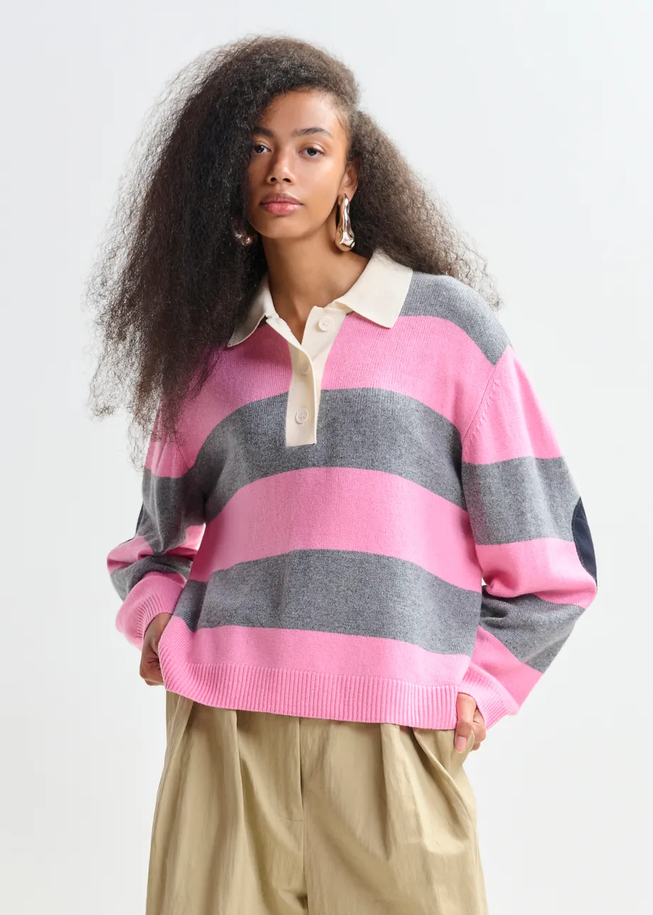 Pink and grey striped wool and cashmere blend polo with appliqué patch