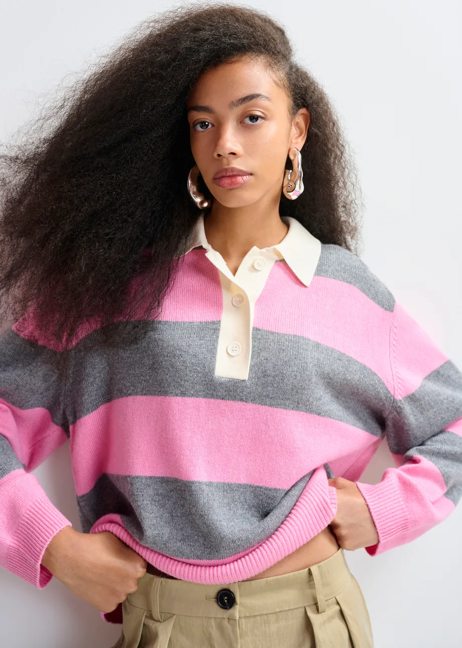 Pink and grey striped wool and cashmere blend polo with appliqué patch