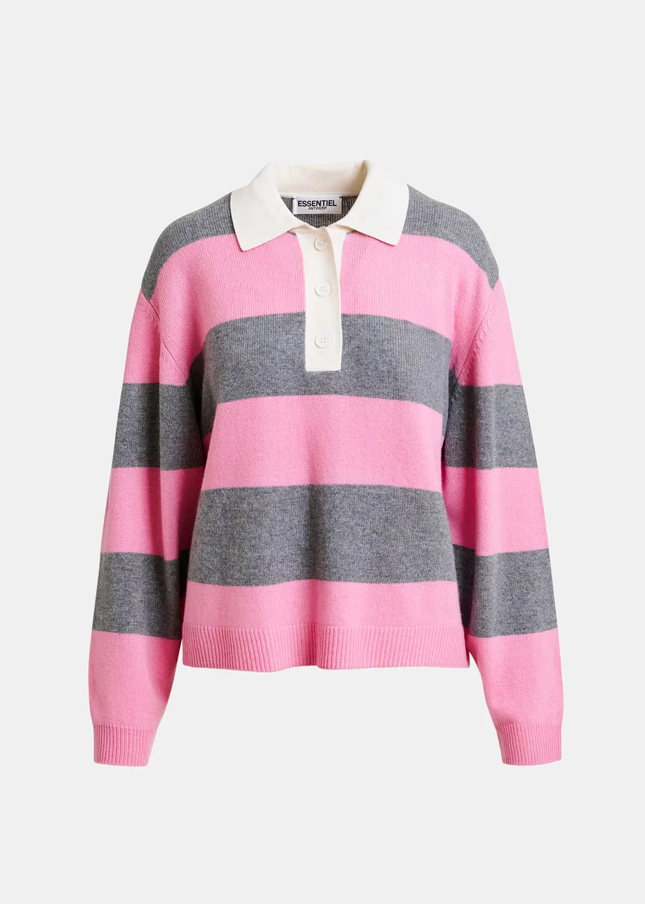 Pink and grey striped wool and cashmere blend polo with appliqué patch