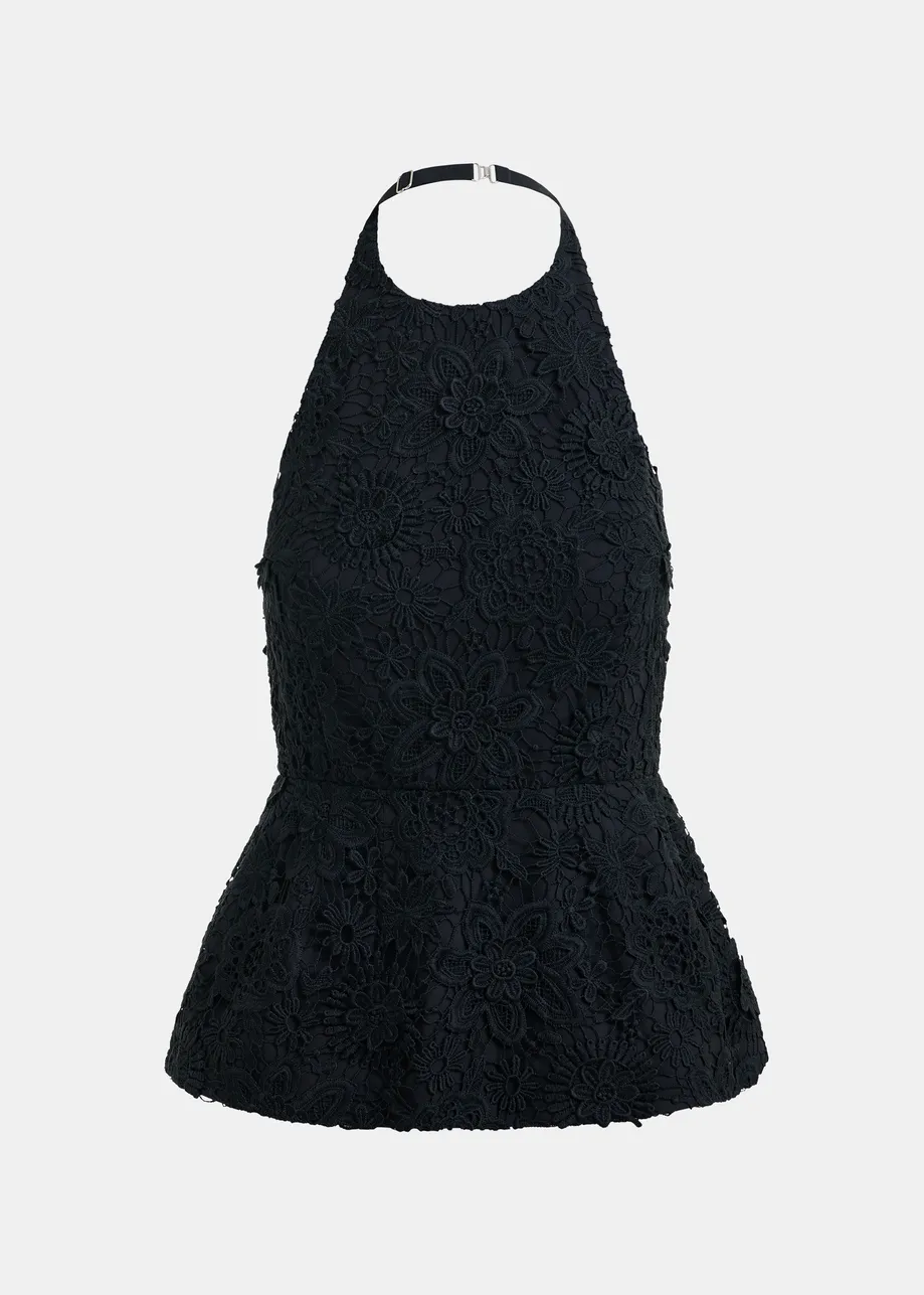 Zwarte peplumtop in bloemenkant met halternek