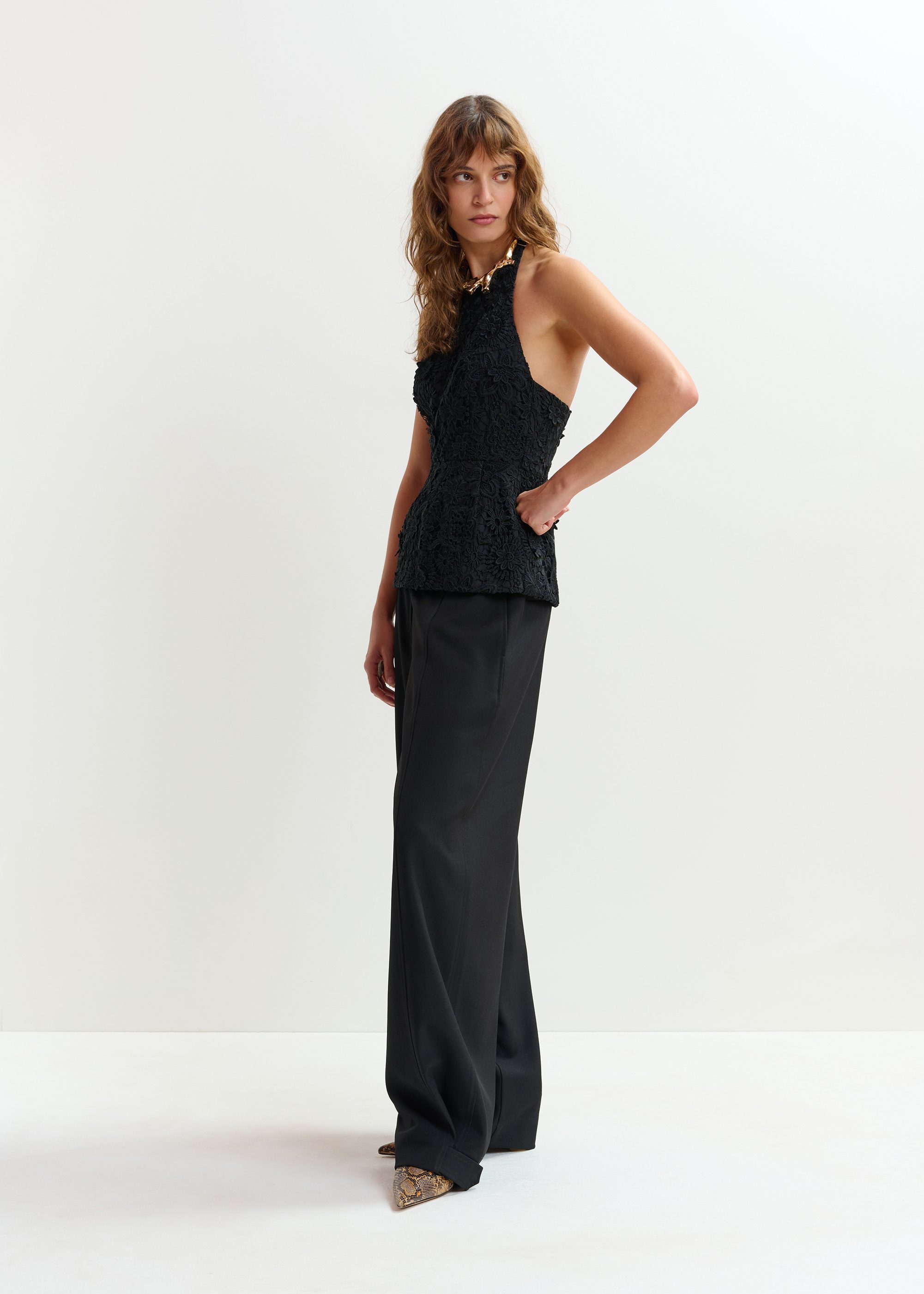 Black floral lace halter peplum top | Essentiel Antwerp Spain