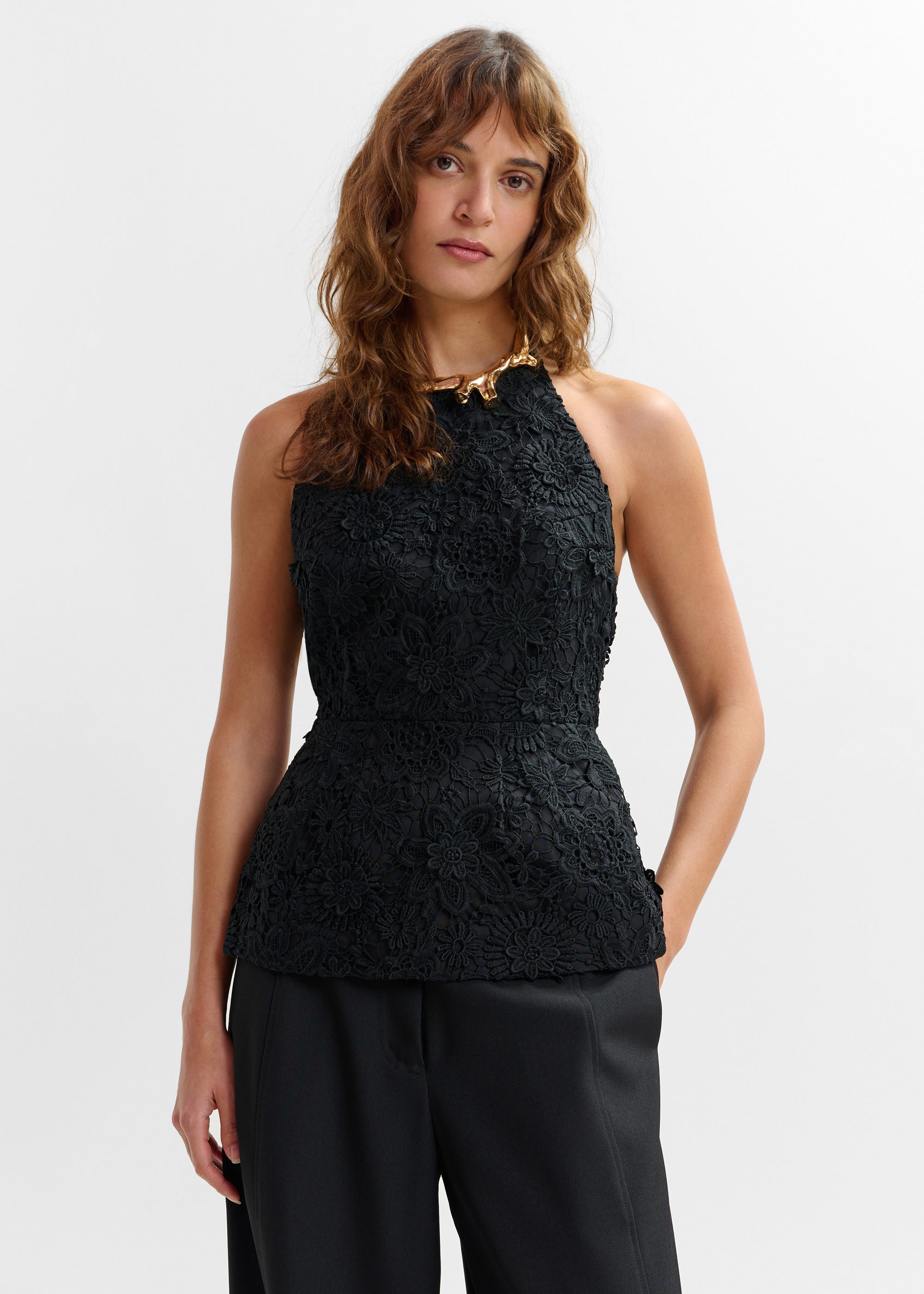 Black floral lace halter peplum top | Essentiel Antwerp Europe