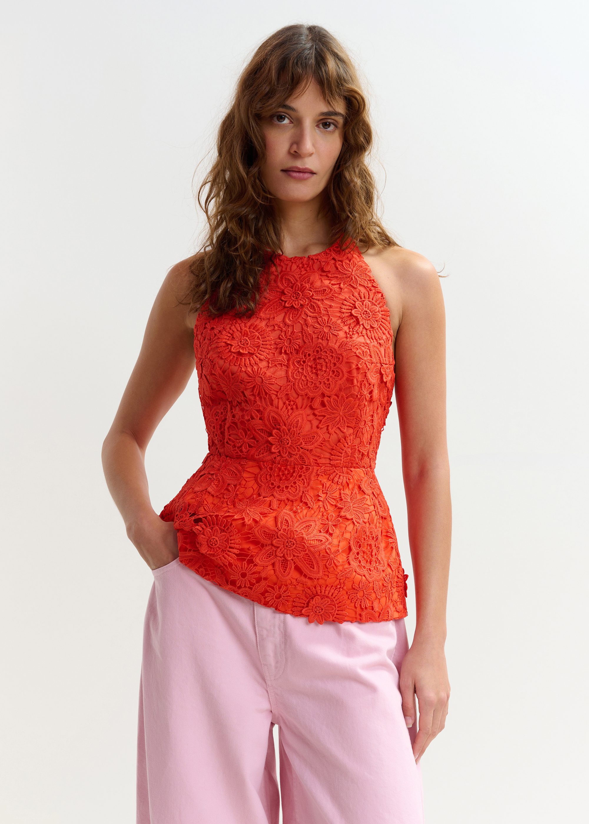 Orange floral lace halter peplum top | Essentiel Antwerp United States