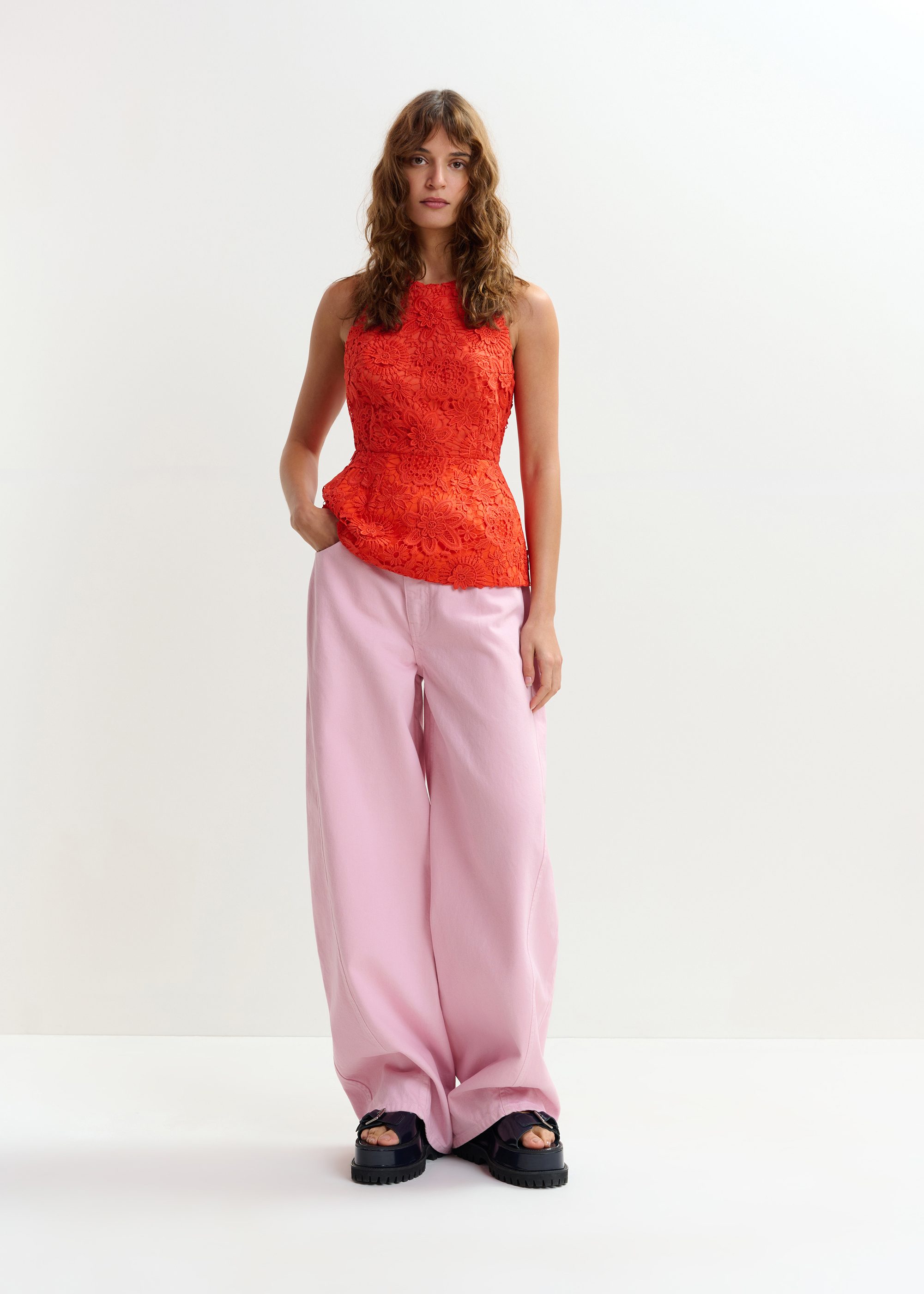 Orange floral lace halter peplum top | Essentiel Antwerp Spain