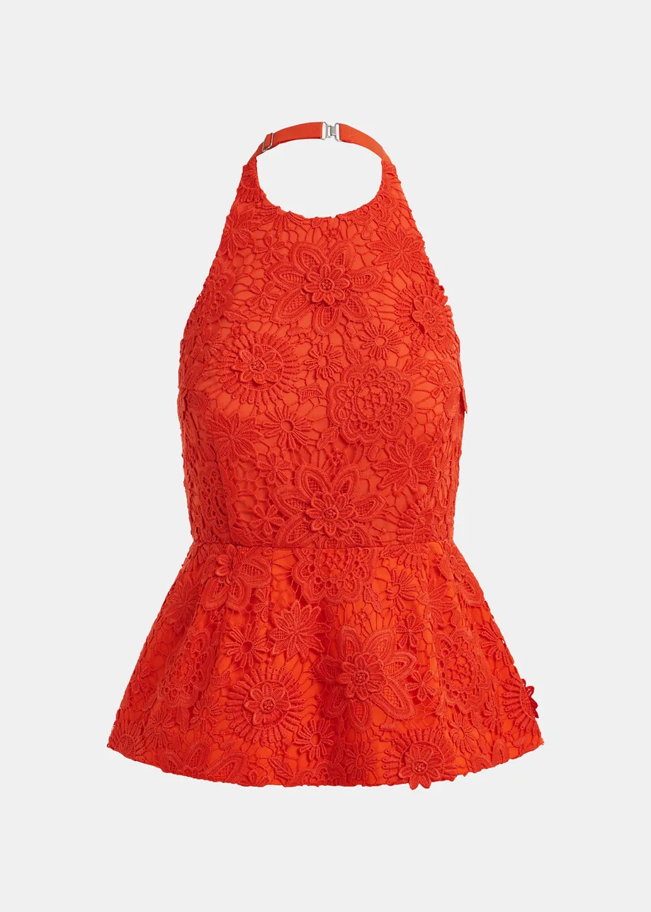 Orange floral lace halter peplum top